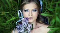 Flowers grass eyes Green woman