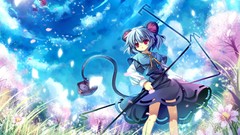 Flowers grass red eyes baskets blossoms hakurei reimu touhou 