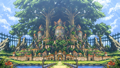 Flowers grass water clouds tree landscape original scenic