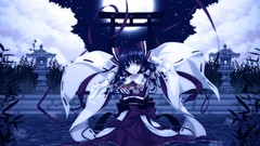 Flowers grass water moon red eyes long hair hakurei reimu 