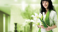 Flowers Green woman Celebrity Actress asians long hair black 