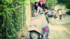 Flowers Green woman spring Vespa asians models motorbikes Viet 