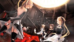 Flowers groups brown dress red eyes stockings pink hair long 