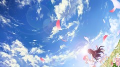 Flowers happiness running dress fields long hair barefoot anime 