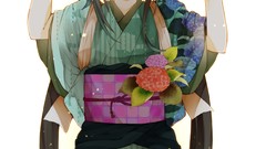 Flowers hats anime girls brunettes wink yukata Japanese clothes