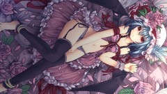 Flowers hats Vampires red eyes Ribbons blue hair barefoot anime 