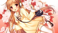 Flowers headphones Anime brown dress red eyes long hair ipod 