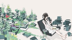 Flowers headphones barefoot brunettes arakawa digital art