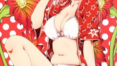 Flowers headphones navel red eyes sitting blush pink hair long 