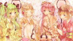 Flowers headphones sitting red dress bows blondes blush pink 