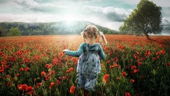 Flowers hills children Poppies fields blondes sunlight pigtails 