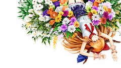 Flowers horns red eyes long hair touhou ibuki suika orange hair 