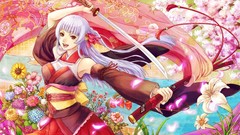 Flowers Katana Anime white hair red eyes Ribbons long hair 