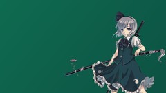 Flowers Katana Ribbons skirts anime girls blue eyes short hair 