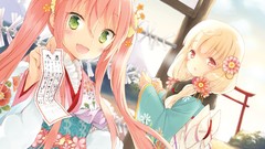 Flowers kimono blondes pink hair long hair anime girls green 