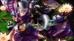 Flowers kimono masks long hair anime girls cat ears tails lotus 