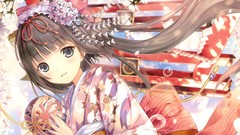 Flowers kimono smiling gray eyes anime girls gray hair flower 