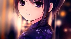 Flowers kimono Traditional bows anime girls brunettes short 