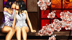 Flowers kissing long hair anime girls brunettes