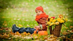 Flowers leaves autumn children pumpkins fallen leaves