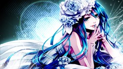 Flowers leaves blue roses dress pillows blue hair long hair 