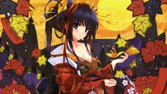 Flowers leaves branches red eyes kimono fans long hair anime 