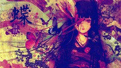 Flowers leaves Butterflies blood red eyes kimono long hair 