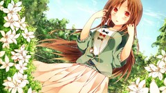 Flowers leaves clouds headphones dress red eyes blush long hair 