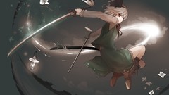 Flowers leaves clouds weapons Katana ghosts white hair red eyes 