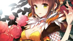 Flowers leaves earrings anime girls brunettes yellow eyes 