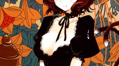 Flowers leaves Gothic dress fangs Ribbons sitting anime girls 