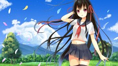 Flowers leaves grass clouds Anime Ribbons long hair pink eyes 