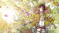Flowers leaves grass weapons Anime brown anime girls black eyes 