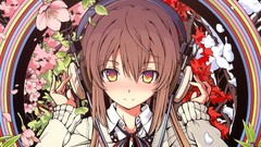 Flowers leaves headphones anime girls brunettes original 