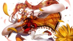 Flowers leaves Music Anime long hair anime girls brunettes 