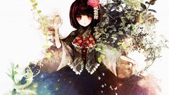 Flowers leaves Trees Birds Plants dress red eyes short hair 