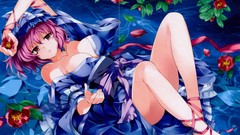 Flowers leaves water red eyes kimono barefoot short hair touhou 
