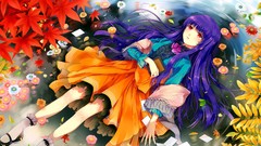 Flowers leaves water tears dress red eyes long hair anime girls 