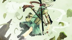 Flowers leaves weapons Katana dress back white hair Ribbons 