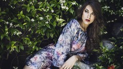 Flowers leaves woman brunettes models red lipstick curly hair 