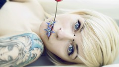 Flowers light woman blondes tattoos short hair piercings