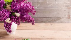 Flowers lilac vases wooden planks