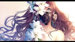 Flowers Lilies pink hair long hair gray eyes anime girls bangs 
