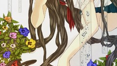 Flowers long hair anime girls brown eyes brunettes school 