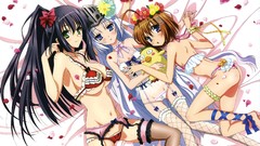 Flowers long hair anime girls lingerie blue eyes green eyes 