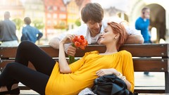 Flowers love bench couple smiling public artistic natural 