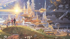 Flowers Men woman children Dogs Skyscrapers family buildings 