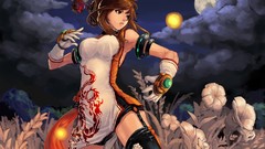 Flowers moon Anime fighter red eyes stockings brown eyes bare 