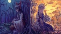 Flowers moon dress hats bows hakurei reimu touhou yakumo yukari 