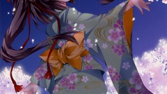 Flowers moon red eyes anime girls yukata scans Anapom